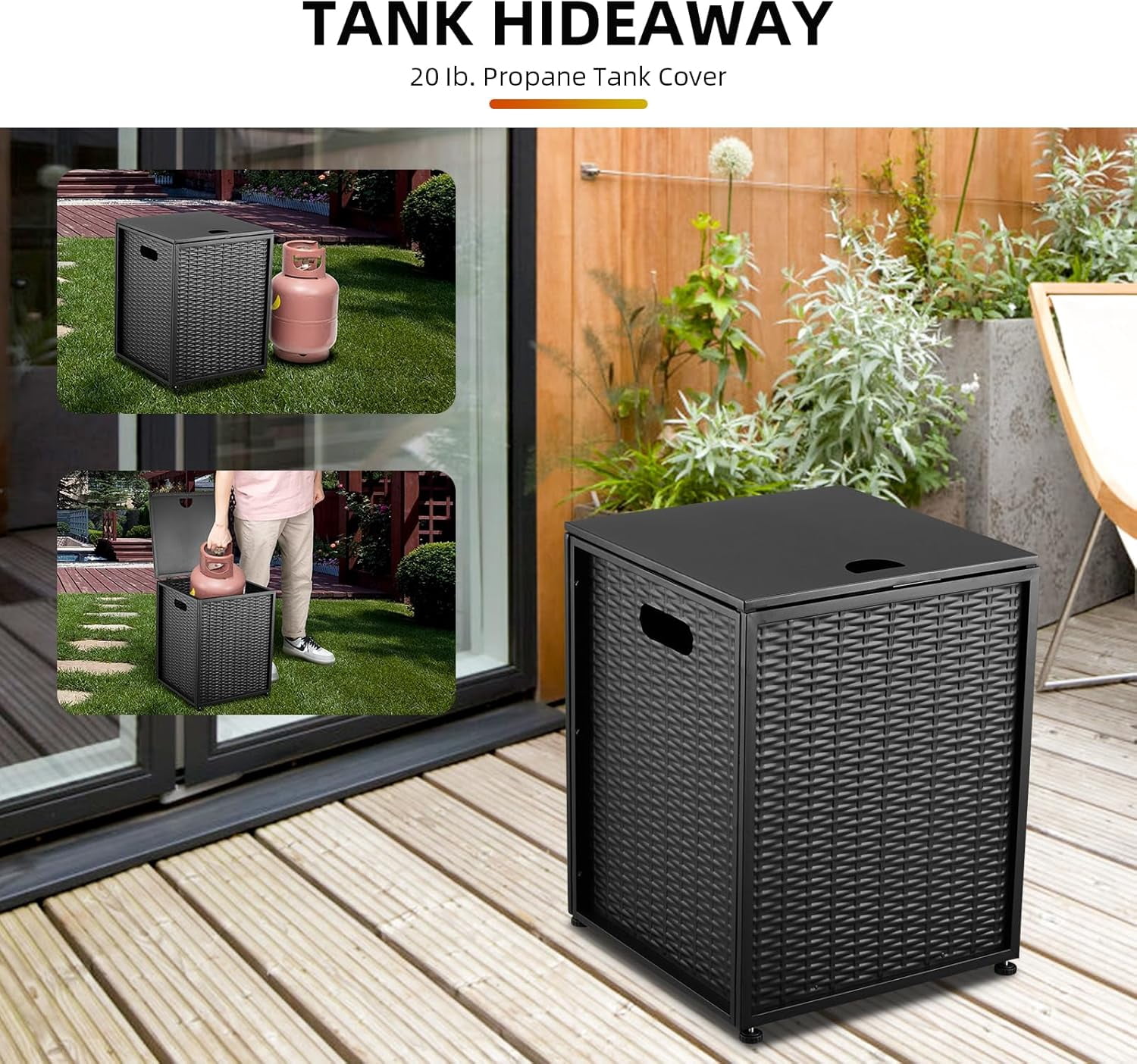 Lumiparty 16 in Propane Metal Tank Cover Table for Gas Fire Pits, Hides Any Standard 20 LB Propane Tanks, Hideaway Table with Side Handles, Black