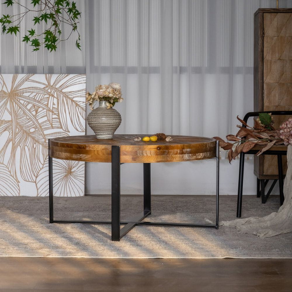 BSHTI 33.46"Retro drawing technology Splicing Round Coffee Table,Fir Wood Table Top with Black Cross Legs Base