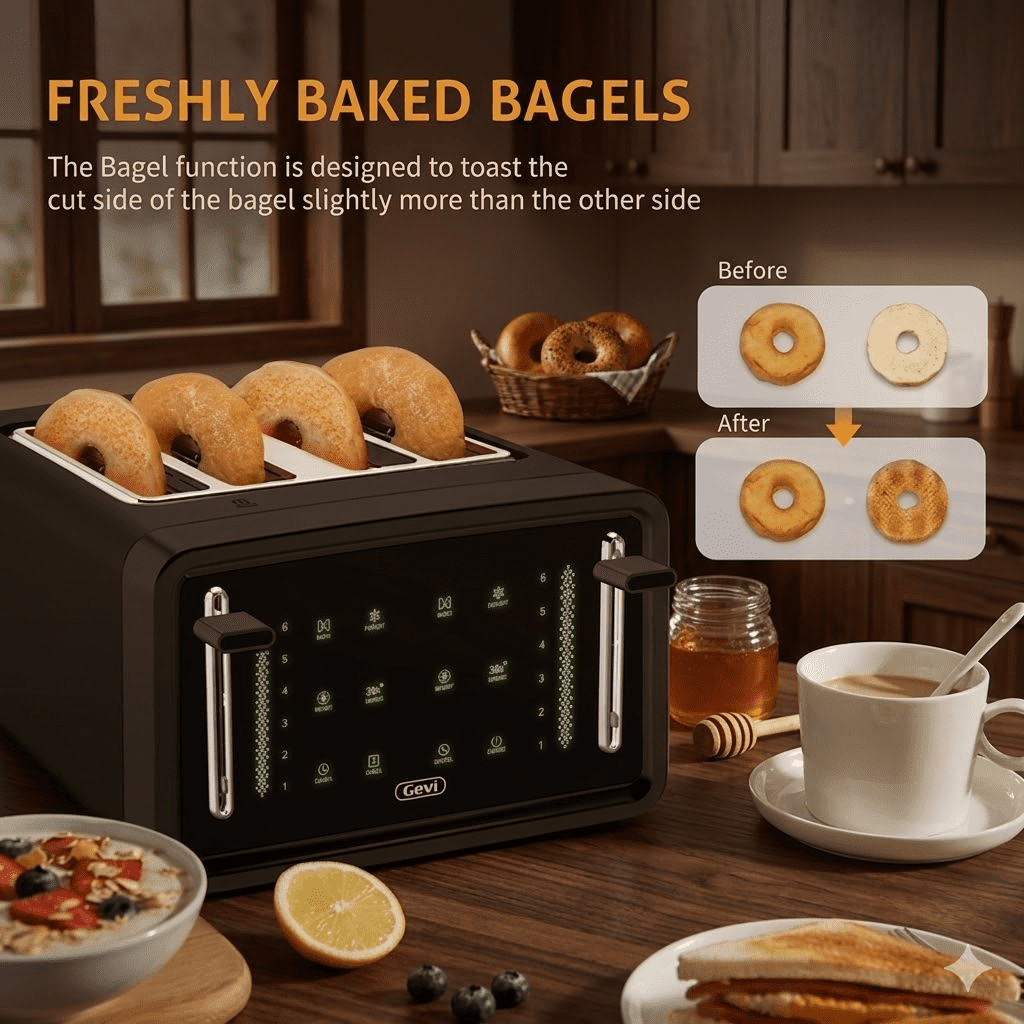 Gevi 4-Slice Stainless Steel Toaster with LED Touch Screen, Dual Control Panels & 6 Browning Settings, Black