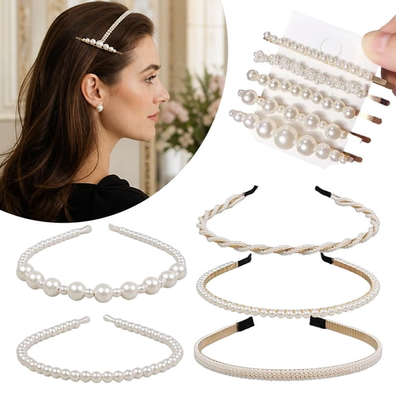Pearl Hair Accessories Set (10 PCS) -5 Gold Pearl Bobby Pins  And 5 Pearl Headband for Women, Women Lady Fashion White Hair Accessories