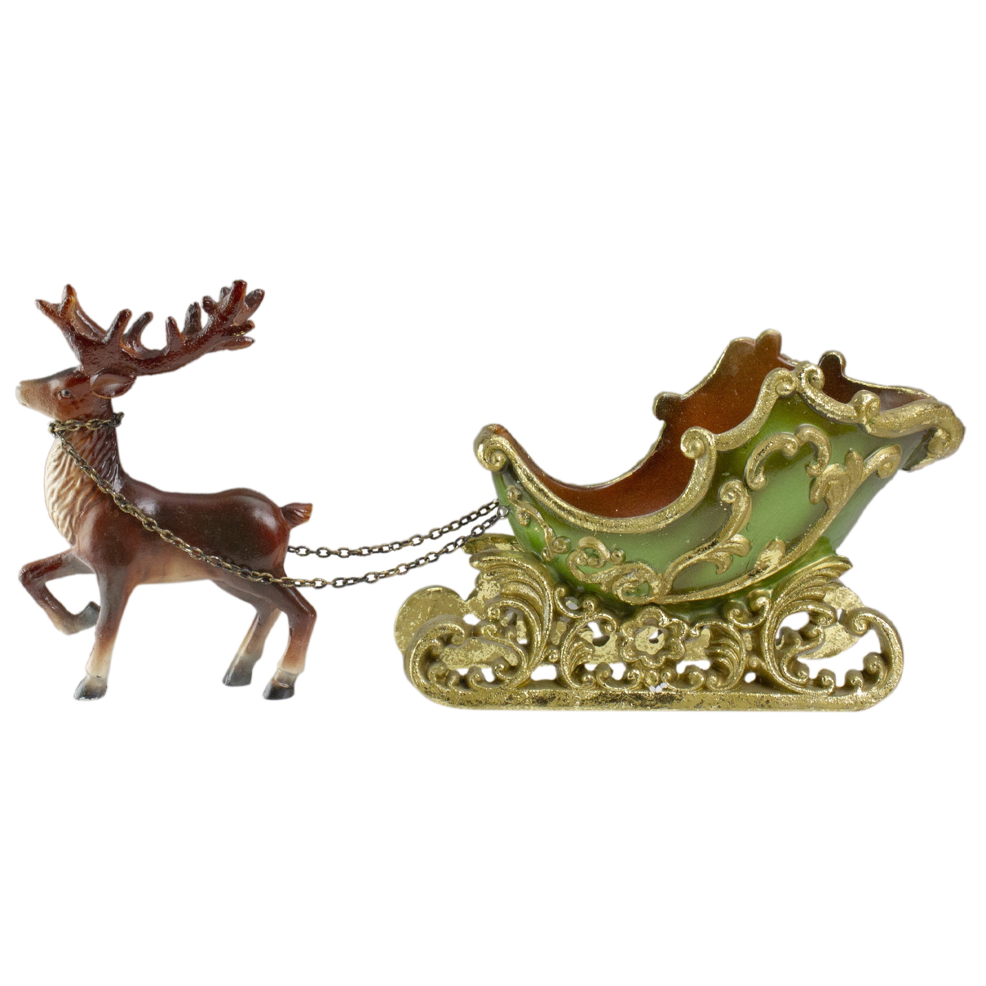 8.5" Green and Gold Sleigh with Reindeer Christmas Table Top Decor