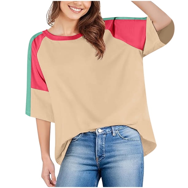 Tops de manga larga,Camiseta informal holgada para mujer, color liso, cuello redondo, manga corta, poliéster, ligera y cómoda, uso diario, sopatenor