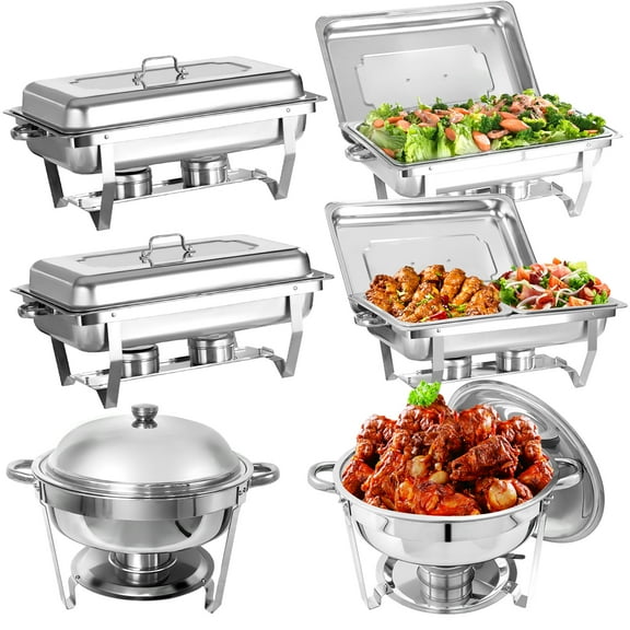 Jacgood 6 Pack Chafing Dish Rectangular full pan×2 half pan×2 round 6QT×2 Chafers Stainless Steel Catering Buffet Warmer Set for Parties,Events,Wedding,Dinner