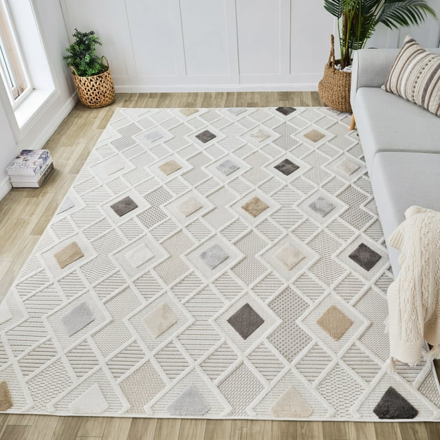 Modern cream beige geometric indoor area rug featuring textured diamond shapes, placed on light wood flooring next to a gray sofa and decorative plants.