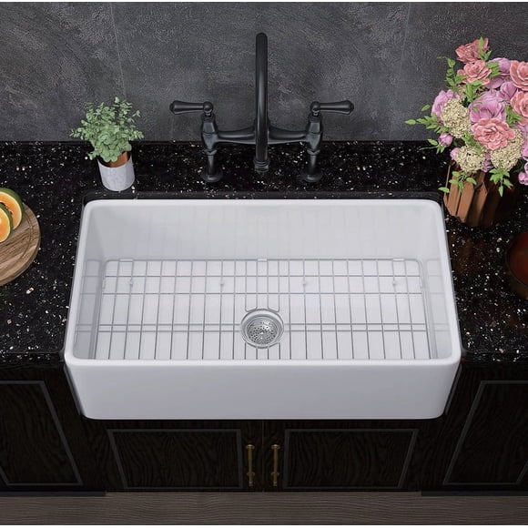 White Farmhouse Sink, White Undermount Kitchen Sink, Apron Front Single Bowl Kitchen Sink Deep Drop In Farm Sink Undermount With Bottom Grid Strainer Drain