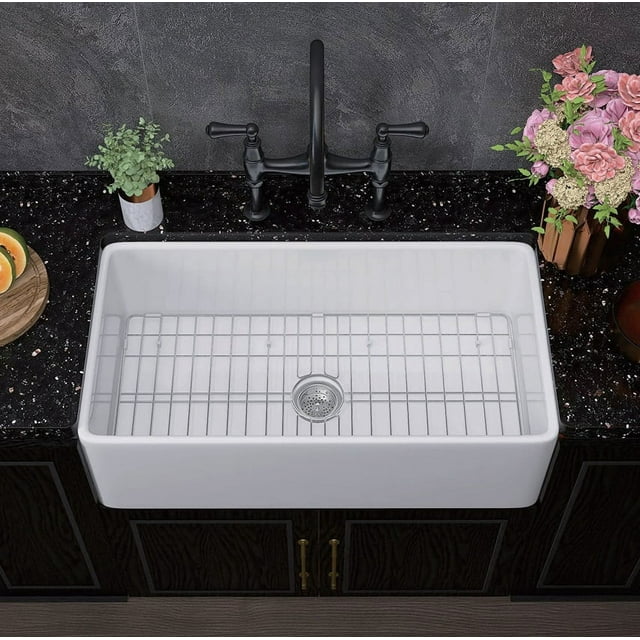 White Farmhouse Sink, White Undermount Kitchen Sink, Apron Front Single Bowl Kitchen Sink Deep Drop In Farm Sink Undermount With Bottom Grid Strainer Drain