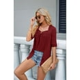 thumbnail image 4 of Fake Two-Piece Square Collar Patchwork Buttons 3/4 Sleeve Tunics Blouse T-Shirt Wine Red XL, 4 of 7