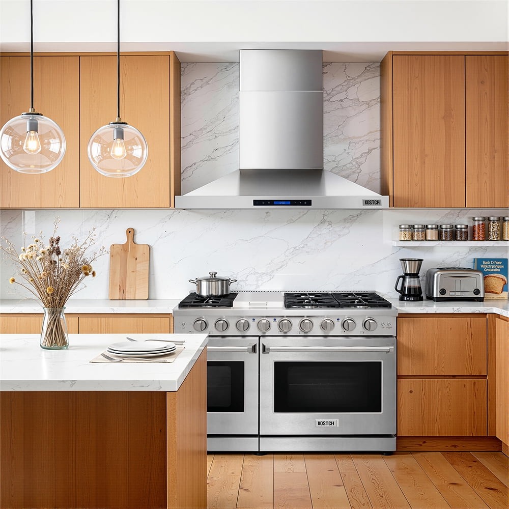 KOSTCH 48 inch Convertible Ducted Wall-Mount Range Hood, 1200 CFM Kitchen Vent Hood with 3 Speed Exhaust Fan & LED Light, Kitchen Range Hood with Touchscreen Control Panel & Remote Control