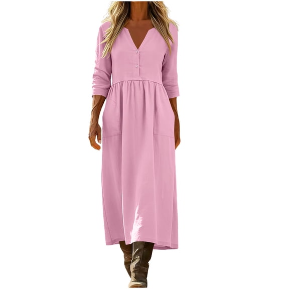 Yievot Linen Dresses for Women Casual Flowy Summer Dresses Pleated Button 3/4 Sleeve Beach Sundress with Pockets