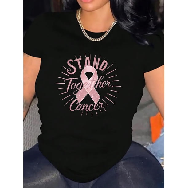 Camiseta de Verano para Mujer Suave Cuello RedondoAwareness Women's Black T-Shirt with Pink Ribbon Graphic - Casual & Sporty Round Neck Short Sleeve, Comfortable Polyester Blend Summer Top, Awarenes