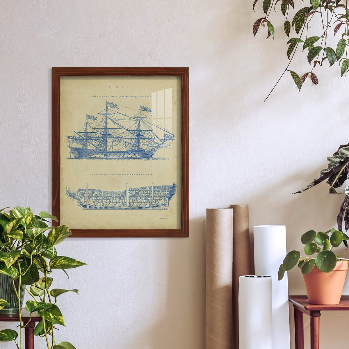 Vintage Ship Blueprint -Framed Print w/glass-Chestnut