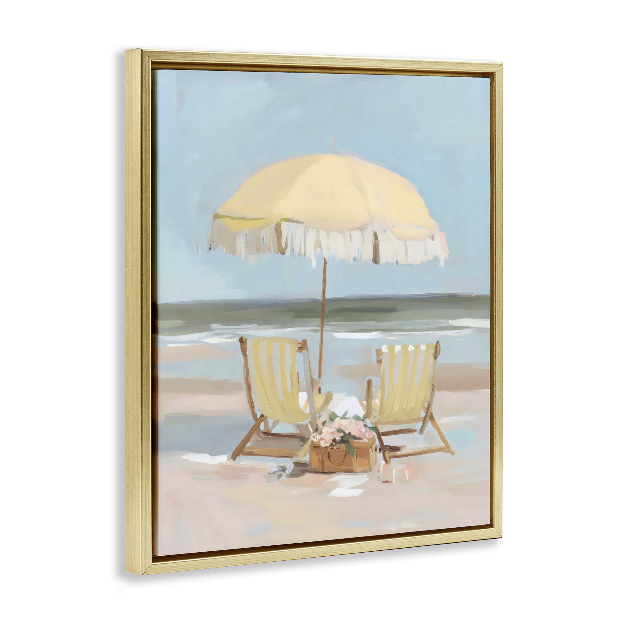 Stupell Industries Yellow Chairs Beach Relaxation Gold Framed Floater Canvas Wall Art, design by Sisi and Seb