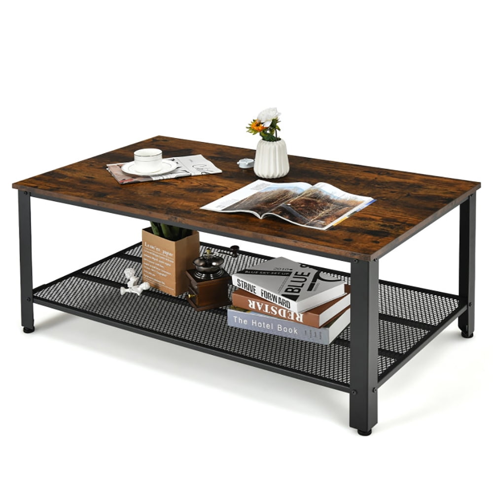 Finihen Wooden Coffee Table, Rectangular Coffee Table, Metal Frame Wood Coffee Table Console Table with Storage Shelf, for Living Room, Reception Room, Office, Rustic Brown