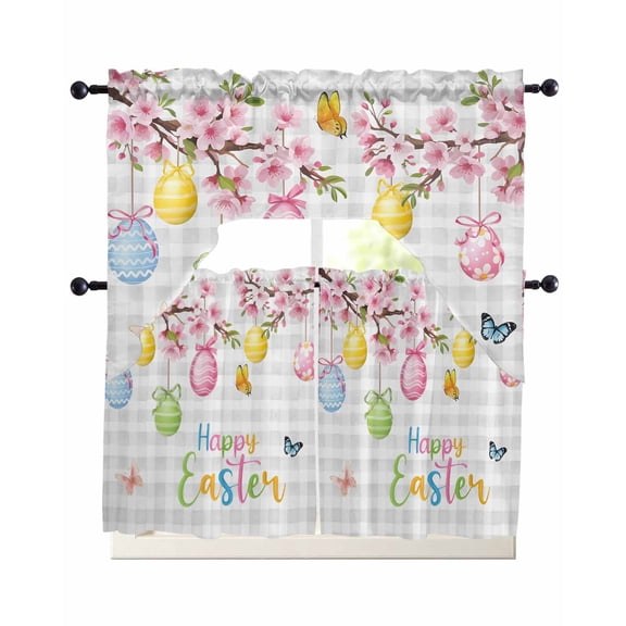 Happy Easter Swag Kitchen Curtains Sets for Windows 24 Inch Length, Spring Colorful Eggs Butterfly Grey Plaid Short Window Curtain Panels Swags Valances and Tiers 3 Piece Set for Cafe/Dining Room
