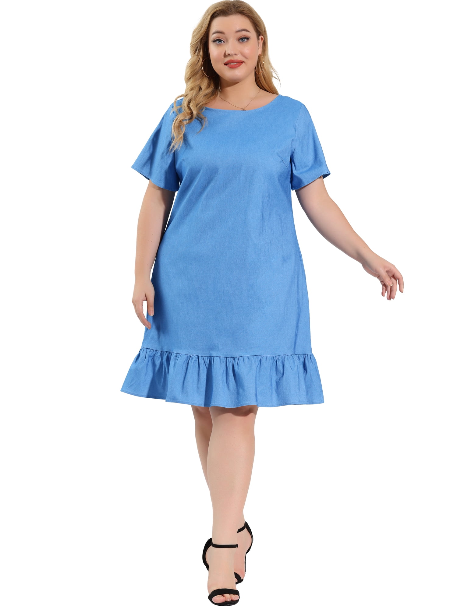 Unique Bargains Women's Plus Size Elegant Short Sleeve Ruffle Hem Denim Dress