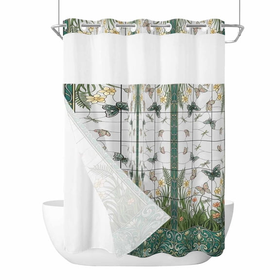 No Hook Stained Glass Shower Curtain with Snap in Liner Set, Butterfly Flowers Spring Watercolor Plant Waterproof Bathroom Curtains with See Through Top Window, Hotel Style Extra Long 72 x 96 Inch