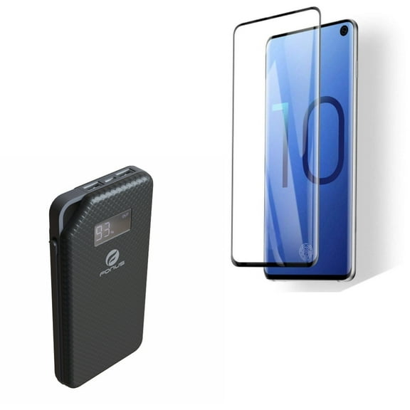 Galaxy S10  Tempered Glass Screen Protector w 10000mAh Power Bank - [Fingerprint Works] 3D Curved Edge Full Cover, Charger Portable Backup for Samsung Galaxy S10