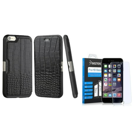 Iphone 6 Cases Crocodile Leather Insten For iPhone 6s 6 Genuine Leather Crocodile Embossed Wallet Case with Card Slot - Black (+ Glass Screen Protector) ()