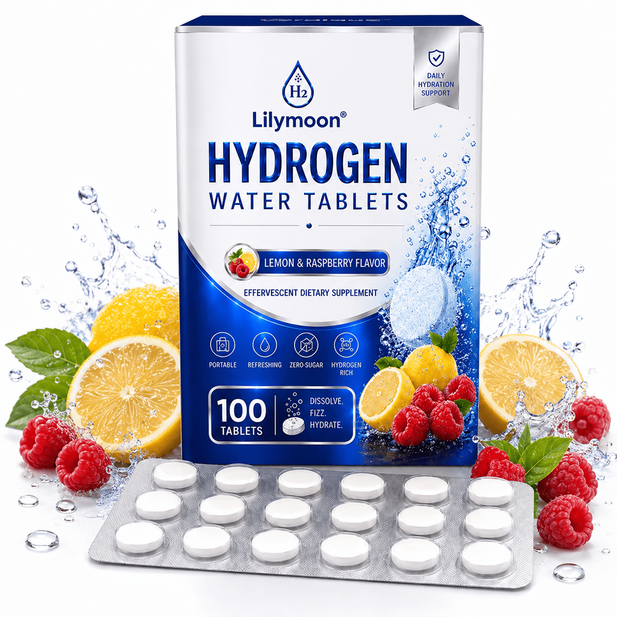 Hydrogen Water Tablets, Lemon & Raspberry Flavor, Effervescent Dietary Supplement, Sugar Free, 100 Tablets
