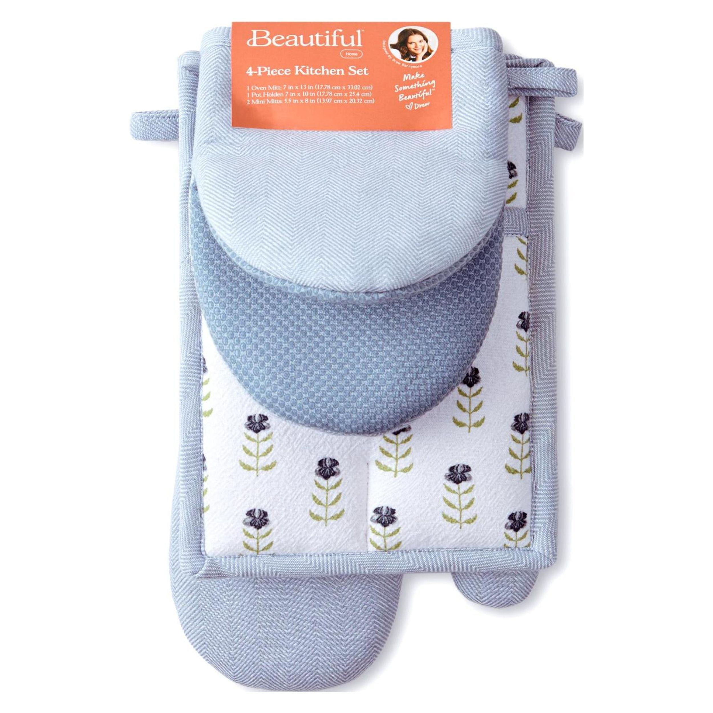 Beautiful Home by Drew Barrymore 4-Piece Oven Mitt, Pot Holder, Mini Mitt Set, Blue