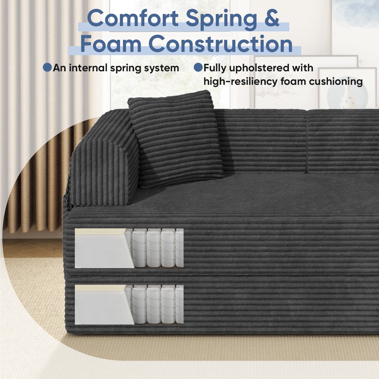 Daluvenix 4-in-1 Folding Convertible Sofa Bed 81 Inch Oversized Corduroy Upholstered Boneless Couch Loveseat Sleeper with Pull Out Bed Dark Gray