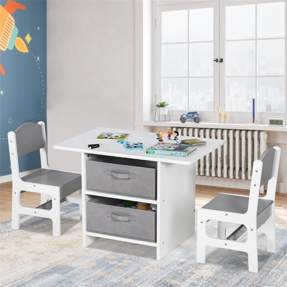 Costway Juego de Mesa y 2 Sillas para Niños con Cestas de Almacenamiento Extraíbles y Rompecabezas Adicional Gris y Blanco