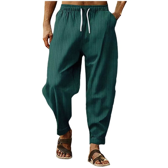 Kvture Men's Cotton Linen Pants Solid Textured Harem Pants Casual Lightweight Breathable Loose Beach Trousers Summer Spring Army Green S