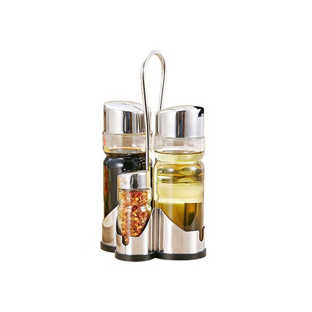 Seasoning Bottle Set Condiment Holder Seasoning Rack Four In One Oil Vinegar Dispensers Salt Pepper Shakers Glass Cruet Set with Convenient Caddy St and Stainless Steel Tops