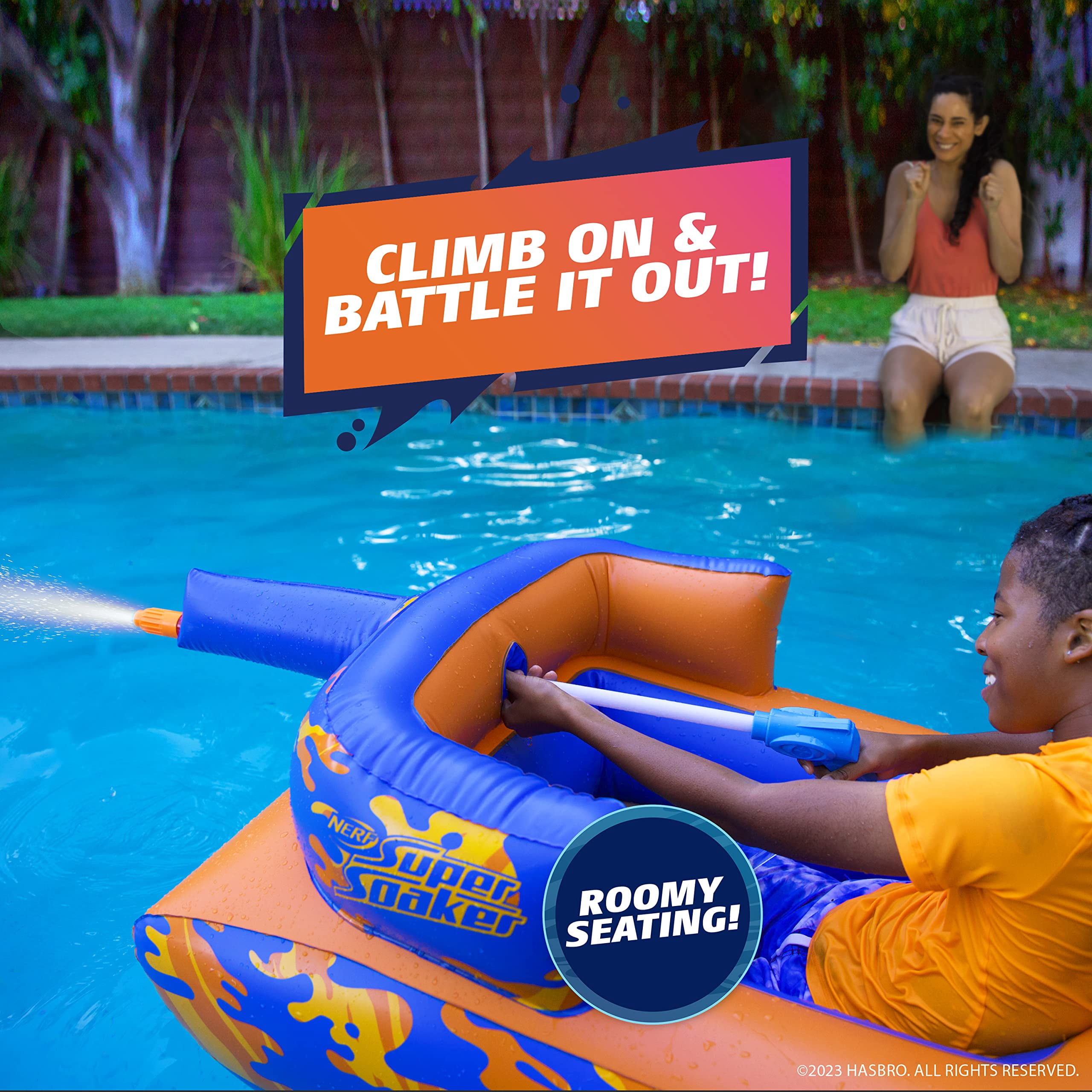 NERF Super Soaker Megaforce Battle Tank Inflatable Pool Float with Pool-Fed Mega Water Blaster