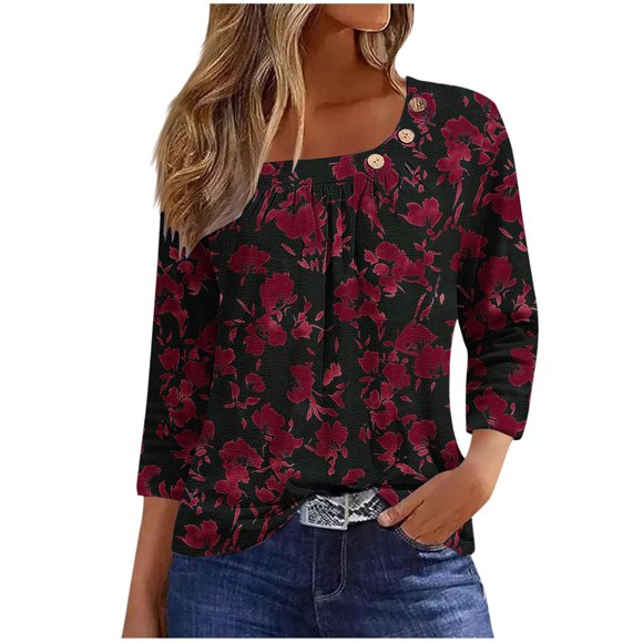 Blusas para las Mujeres Casual, 3/4 Manga Floral Estampado Camiseta de Moda Top Hecho de Poliéster Transpirable Suave para el Uso Diario de Primavera Otoño, Tops de Blusa para las Mujeres