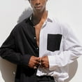thumbnail image 3 of Men's Trendy Streetwear Patchwork Top Shirt White Black Lapel Long Sleeve Shirts, 3 of 12