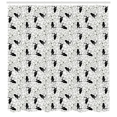 Bulldog Shower Curtain, Monochrome Doodle Portraits with Paw Traces Best Friend Animal Lover, Fabric Bathroom Set with Hooks, 69W X 84L Inches Extra Long, Black White and Pale Grey, by