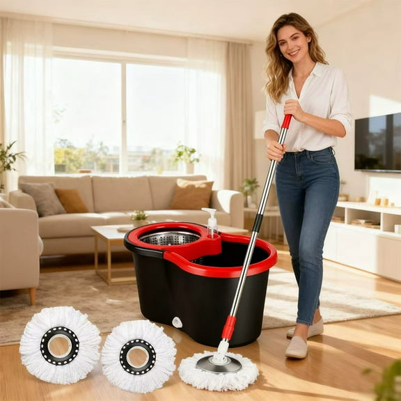 Rotary Mop and Mop Bucket Set with Wringer, Equipped with 3 Microfiber Cloths