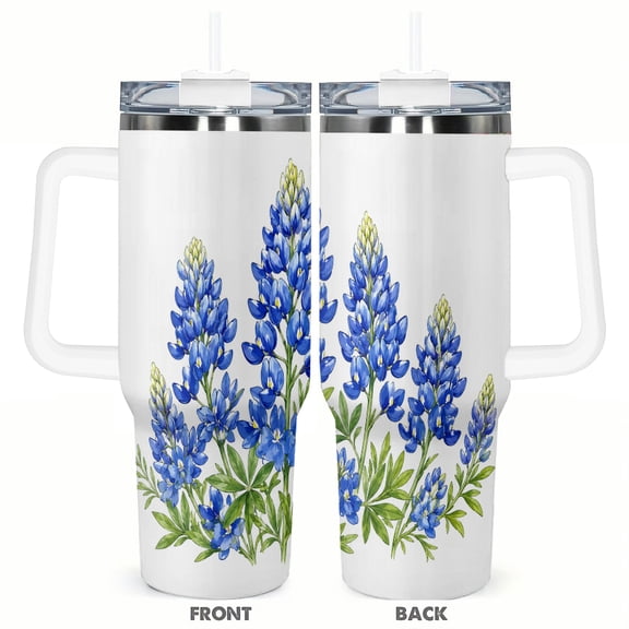 40oz Bluebonnet Floral Tumbler with Handle and Straw Botanical Wildflower Stainless Steel Insulated Travel Coffee Cup Gift