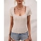 thumbnail image 2 of Camiseta de punto con cuello en U para mujer, informal, color puro, ajustada, manga corta, para uso diario, hogar, al aire libre, color albaricoque XL, 2 of 8