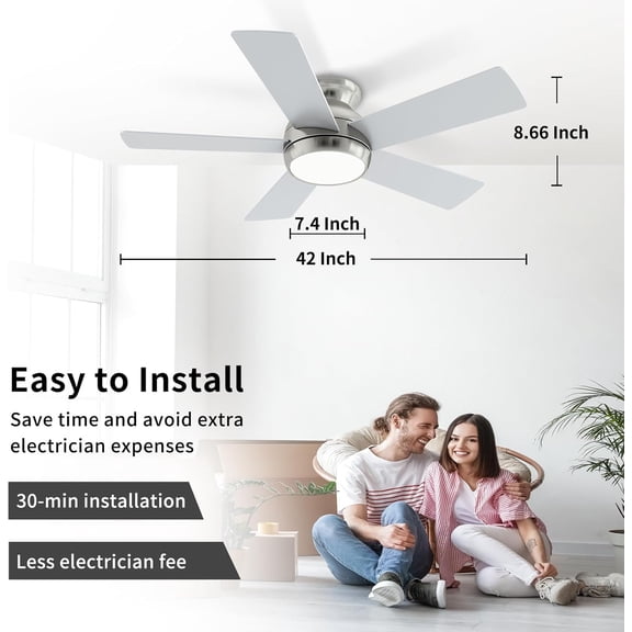 42 Inch Brushed Nickel Ceiling Fan with LED Light and Remote, Low  Flush Mount for Bedroom Living Room