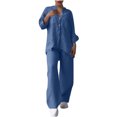 thumbnail image 2 of UVEASISHA Cotton Linen 2 Piece Outfits for Women Long Sleeve Matching Sets Solid Casual Button Down Shirts and Drawstring Wide Leg Pants Set Blue S, 2 of 7