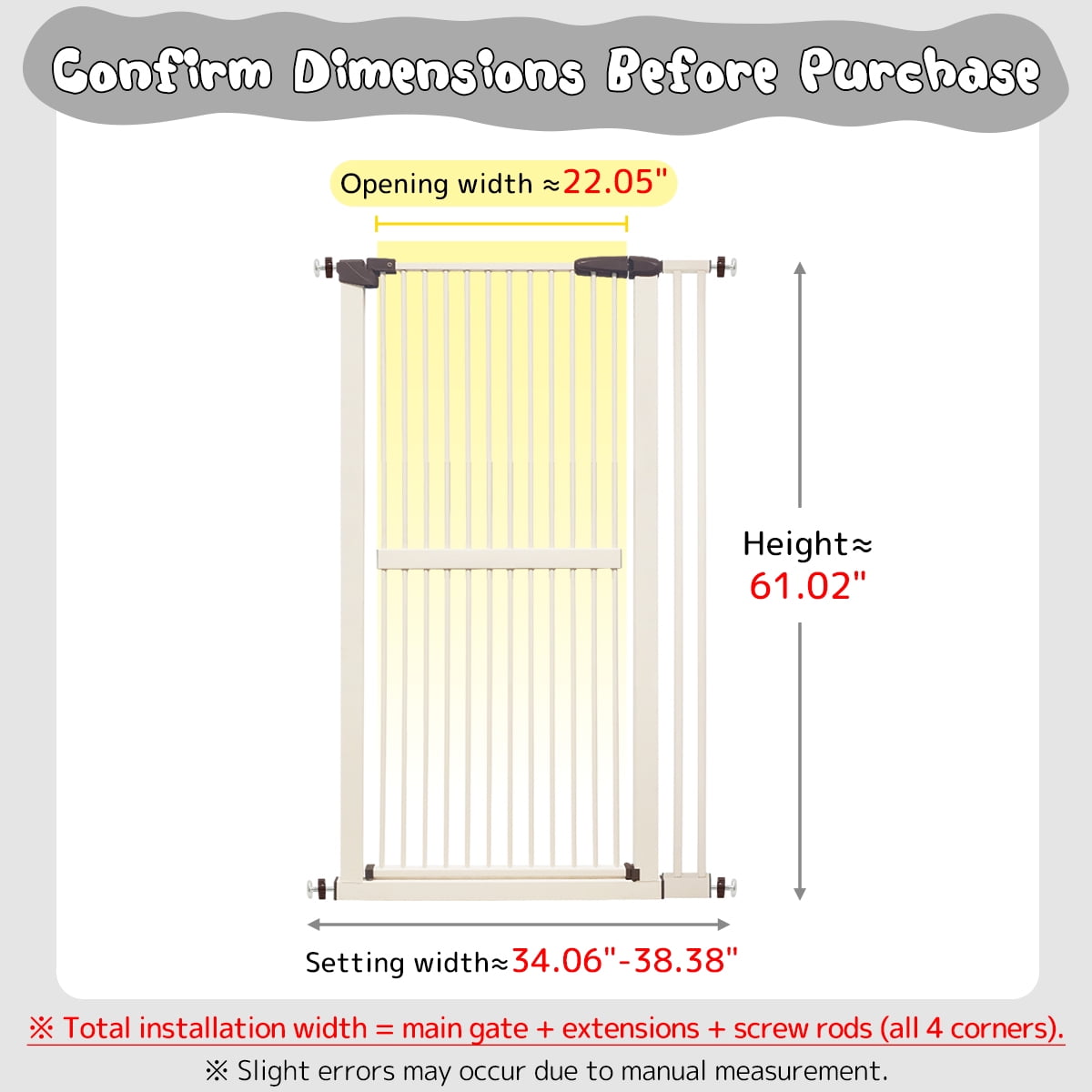 Lumizone Extra Tall Pet Gate 61.02" High Pressure Mounted 34.06"-38.38" Extra Wide 1.37" Gap for Cat Dog Children Stairs Doorway Hallway No Drilling Auto-Close (34.06"-38.38", Cream)