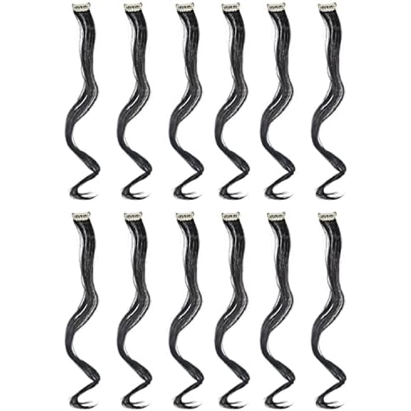 12 count Curly Wavy One Color Party Highlights Clip in Hair Extensions For Women Colored Hair Streak Synthetic Hairpieces (Black-1B)