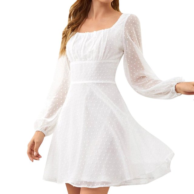 Lindbes DxhmoneyHX Robe à Manches Bouffantes pour Femmes, Encolure Carrée, Mini-Robe à Volants à Pois, Décontractée, Taille Haute, Tunique Évasée