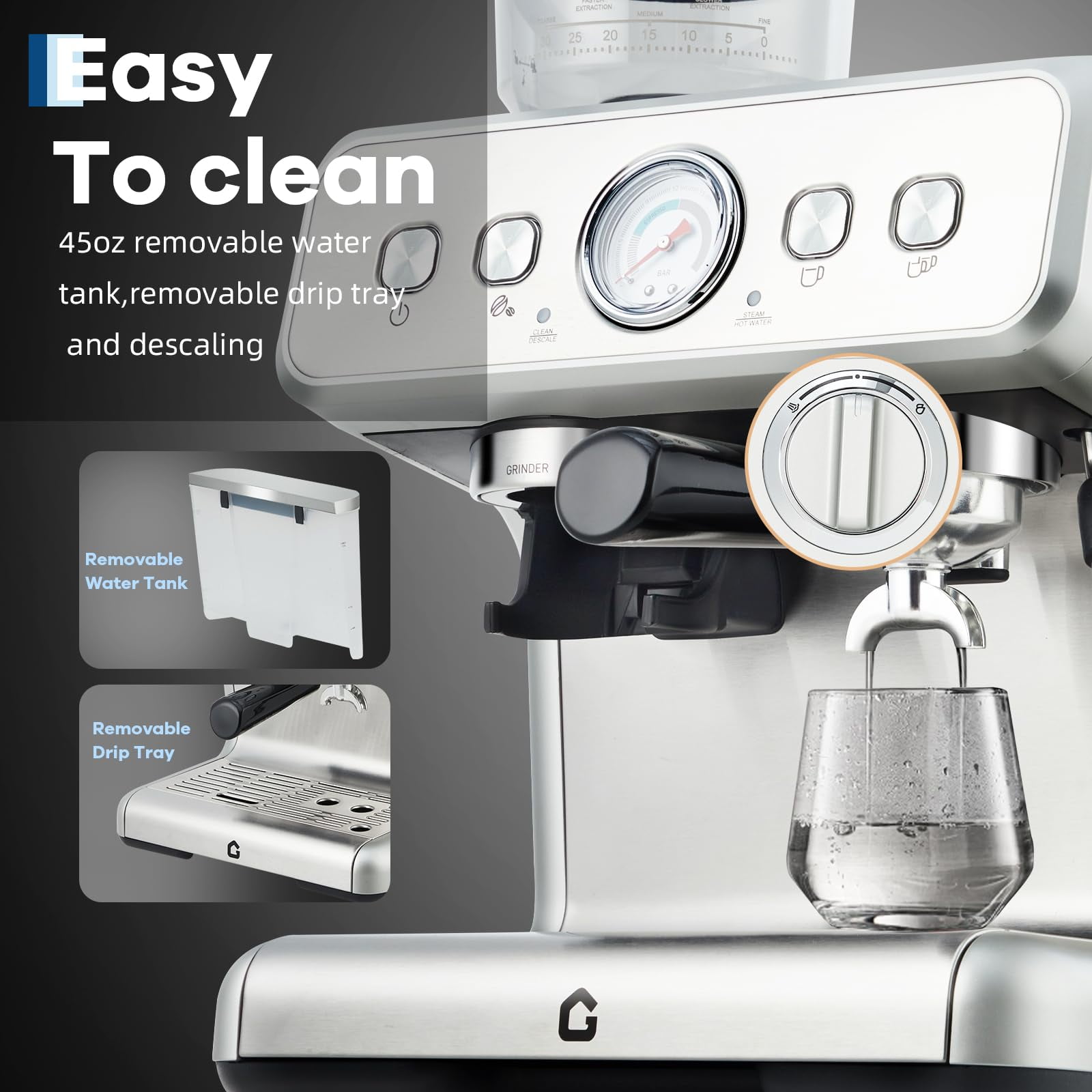 20 Bar Pressure Stainless Steel Espresso Machine with Grinder, Milk Frother Steam Wand for Latte/Cappuccino - Adjustable Shot Volume, Professional Home/Office Use