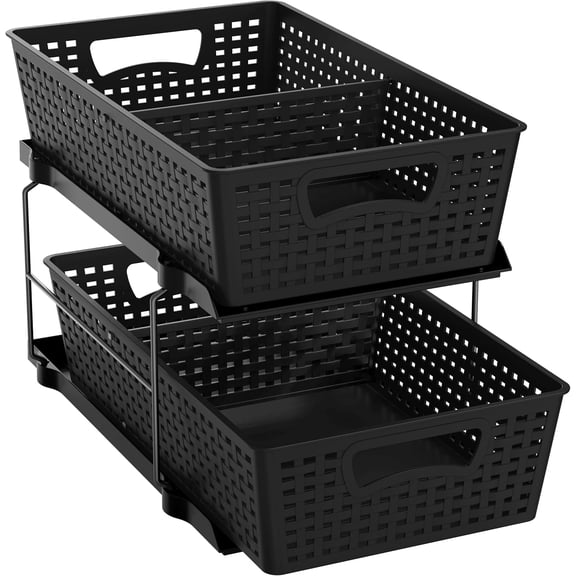 2 Tier Bathroom Organizer Tray Pull-Out Sliding Drawer, Under Sink Storage, Black