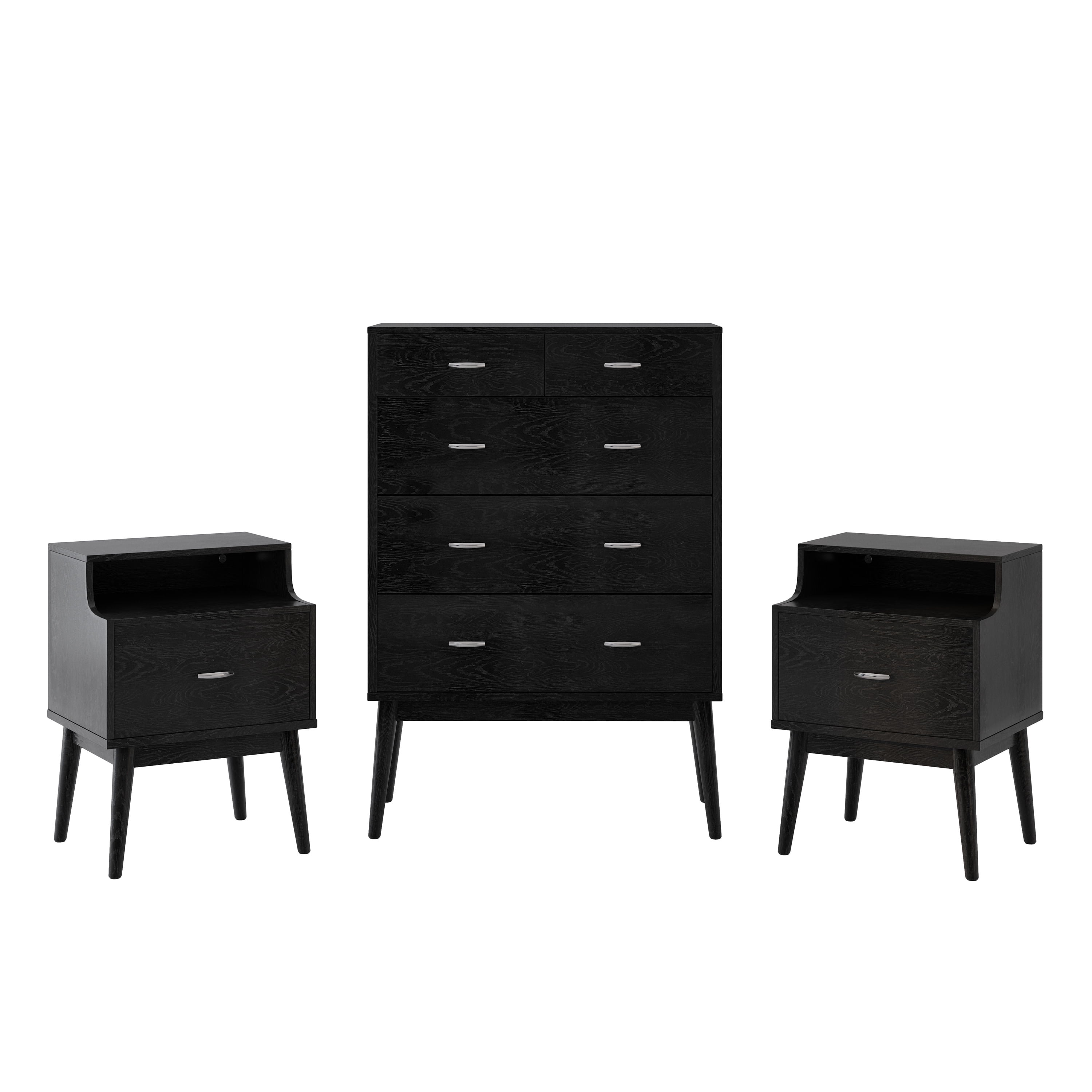 GDF Studio Wilbur Mid Century Wooden 3 Piece 5 Drawer Dresser and Nightstand Bedroom Set, Black