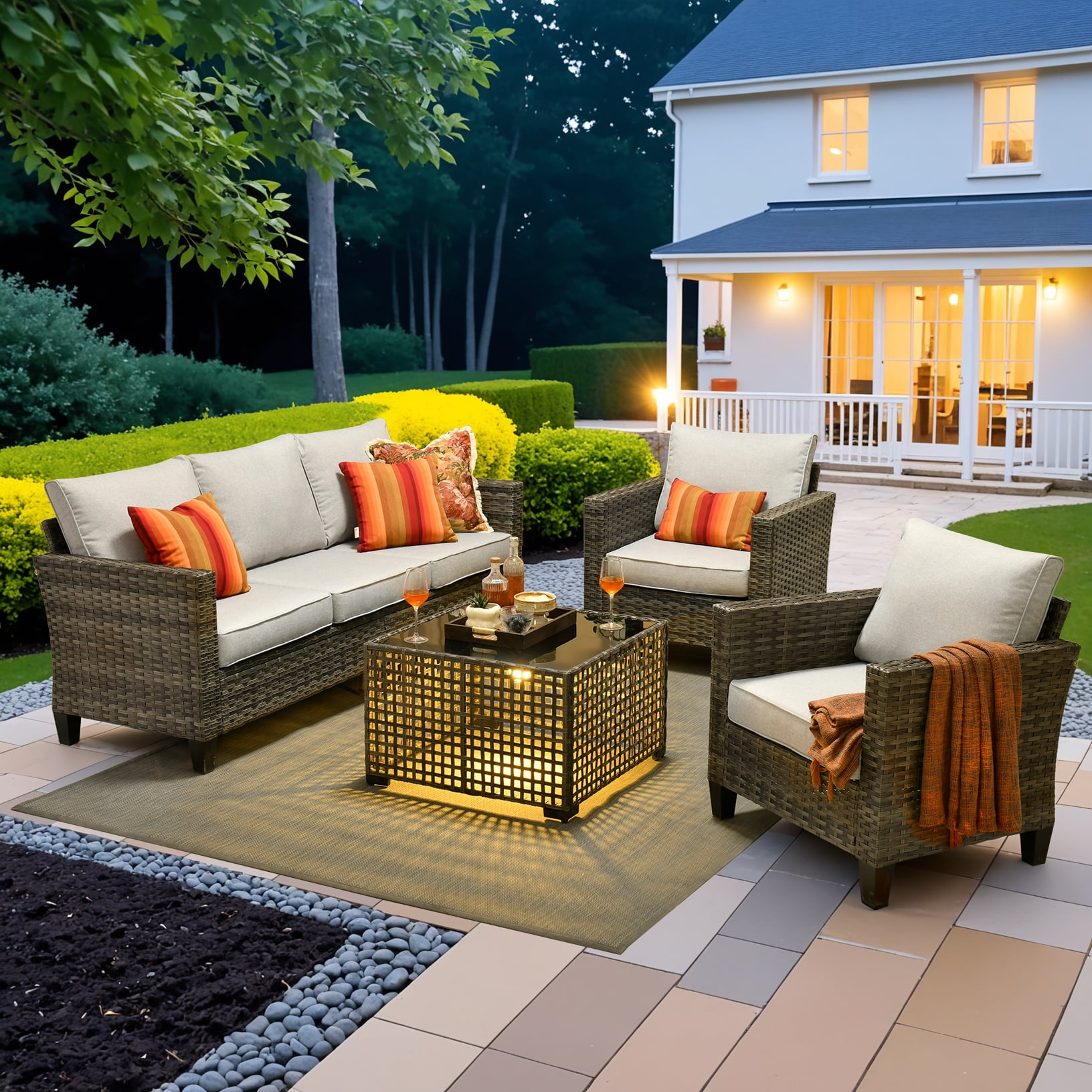 Ovios 4 Pieces Outdoor Patio Furniture Set with Lighted Coffee Table All-Weather Wicker Rattan Conversation Sofa Set, Beige