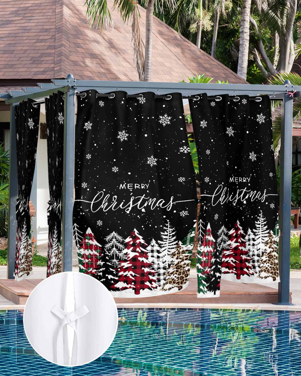 Outdoor Curtains for Patio, Black Christmas Tree Waterproof Blackout Outside Curtain for Porch/Pergola/Gazebo, Winter Xmas Tree Snowflake Thermal Insulated Drapes for Cabana, 2 Panels, 54 x 95 Inch