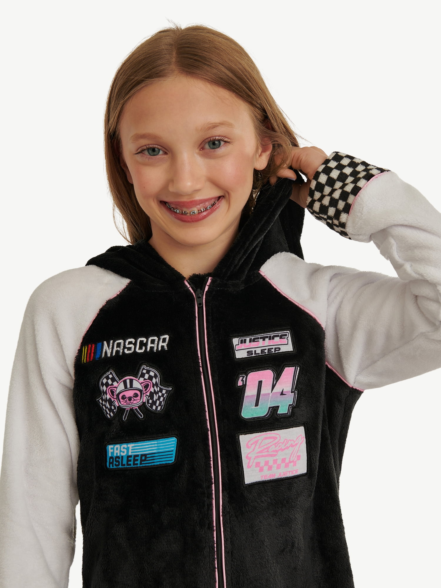 Justice Girls x Nascar Hooded Jumpsuit Pajamas with Long Sleeves, Sizes 5-18