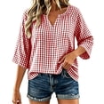thumbnail image 2 of thefmos Women's V Neck 3/4 Sleeve Plaid Top Loose Fit Lightweight Cute Blouse Casual Fashion Spring Fall Outfitt, Red 2XL, 2 of 7