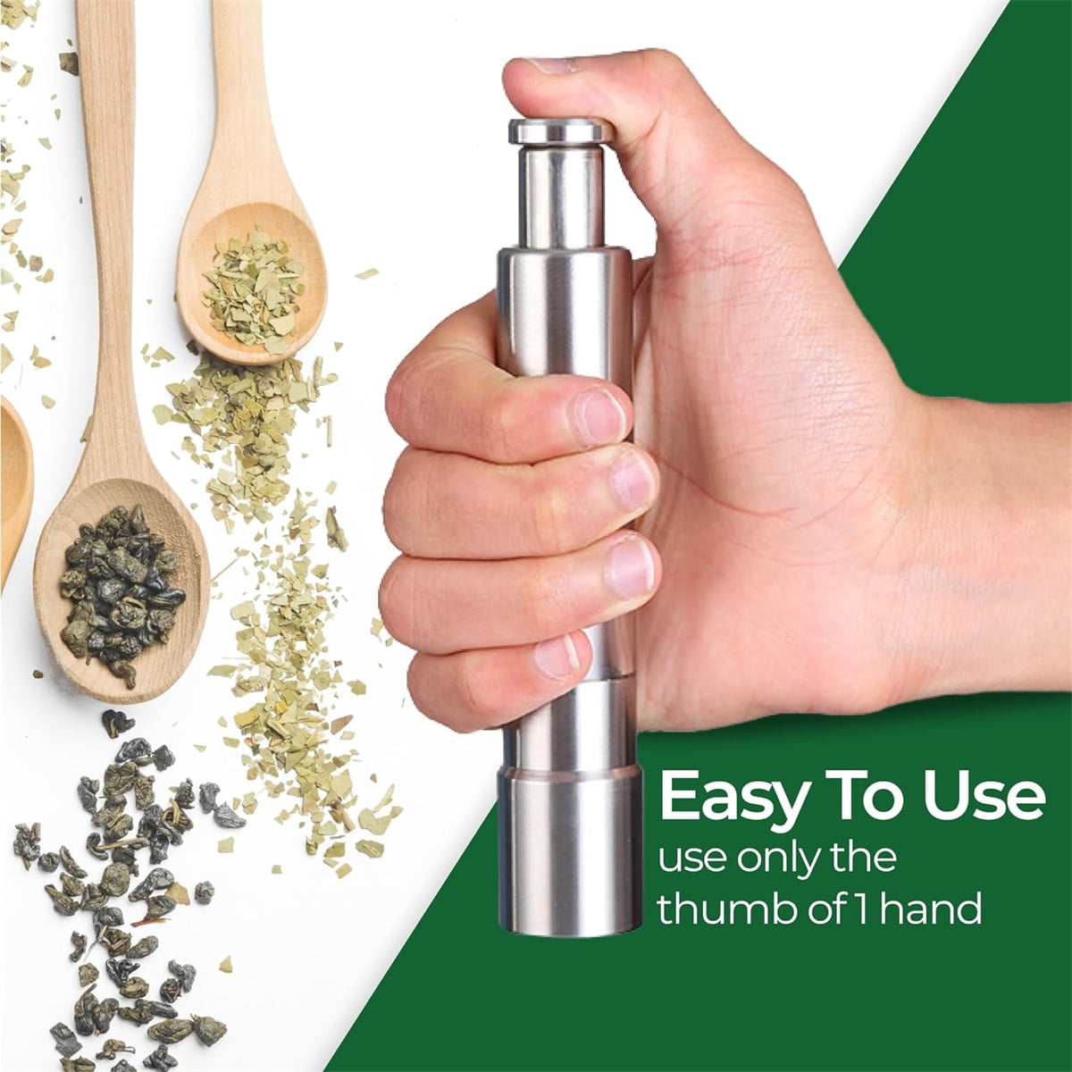 Salt and Pepper Grinder 1 Pack,Refillable One-Handed Pepper Grinder Mill,Manual Push Button Pepper Mill,Stainless Steel Mill Grinder for Spices,Modern Design Grinder for Sea Salt