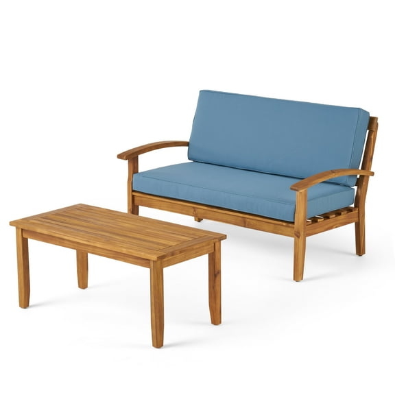 Peyton Outdoor Acacia Wood Loveseat and Coffee Table Set, Teak Finish and Blue