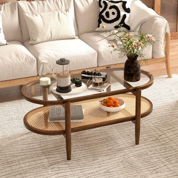 Brown Oval 2-Tier Coffee Table with Glass Top & Rattan Shelf, Mid-Century